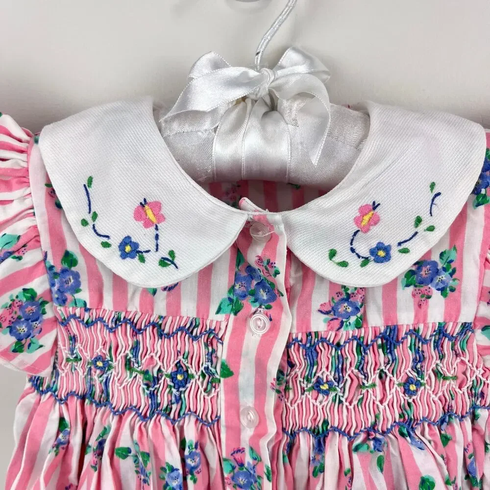 Vintage Allison Ann Smocked Pink Floral Stripe Romper 6-9 Months